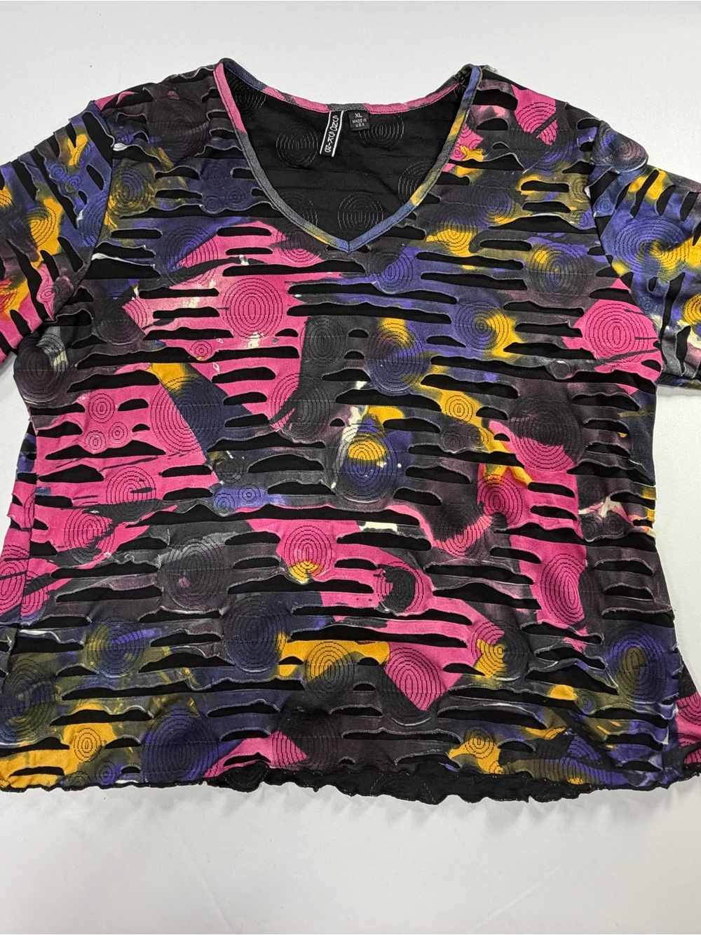 Y2K Mesh Top Pink Black Abstract Print Womens XL Rave Festival Goth Grunge